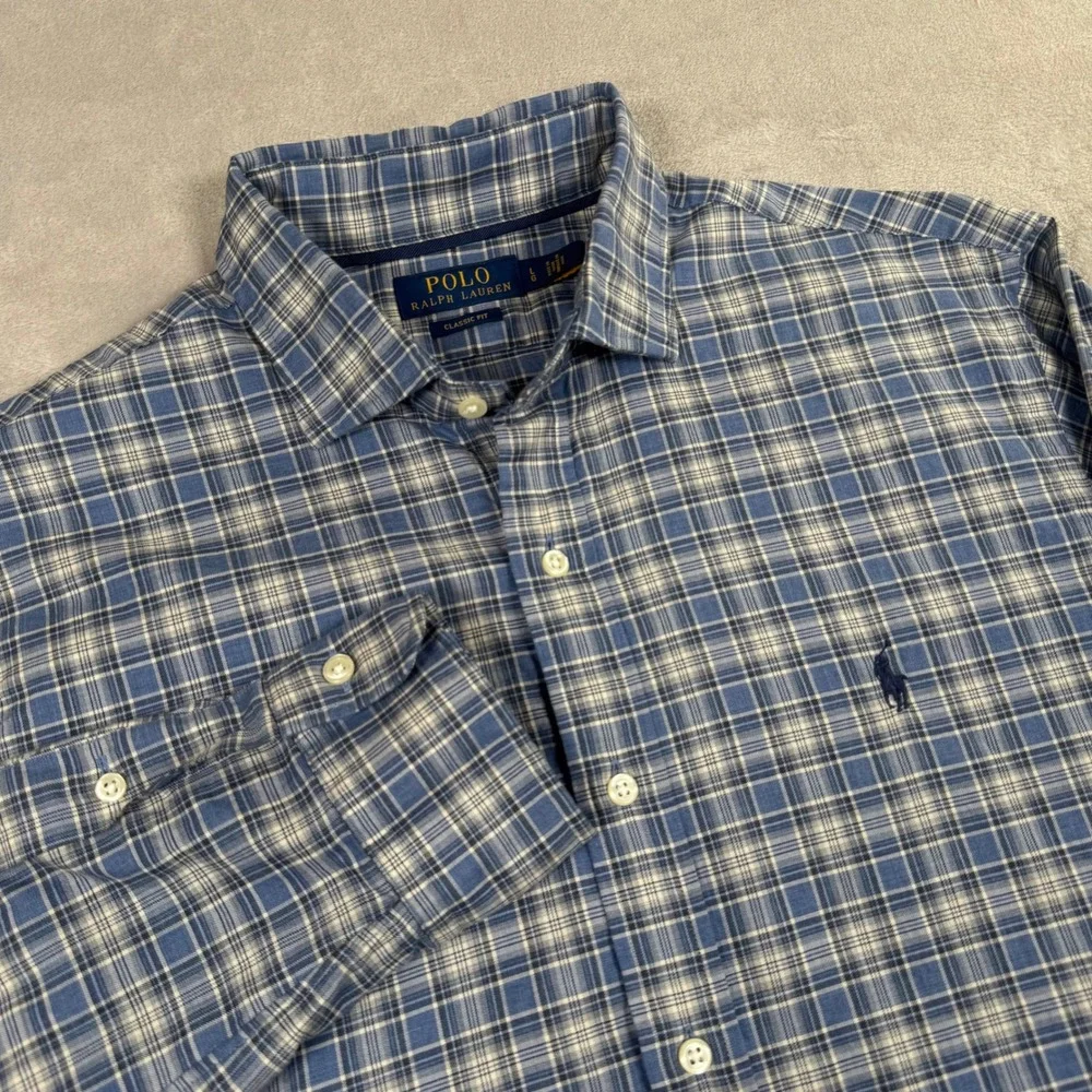 Polo Ralph Lauren Button Down Shirt Mens Large Blue Plaid Classic Fit Cotton